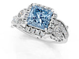 White gold Fancy Blue Princess Cut Diamond Halo Ring with Milgrain Pavé Band and Four-Prong Setting_50