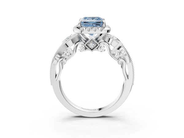 Platinum Fancy Blue Princess Cut Diamond Halo Ring with Milgrain Pavé Band and Four-Prong Setting