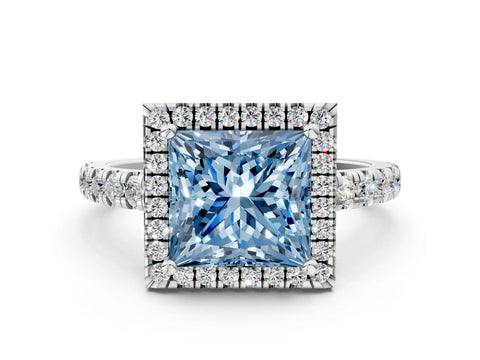 White gold Fancy Blue Princess Cut Diamond Halo Ring with Pavé Band and Four-Prong Setting_12