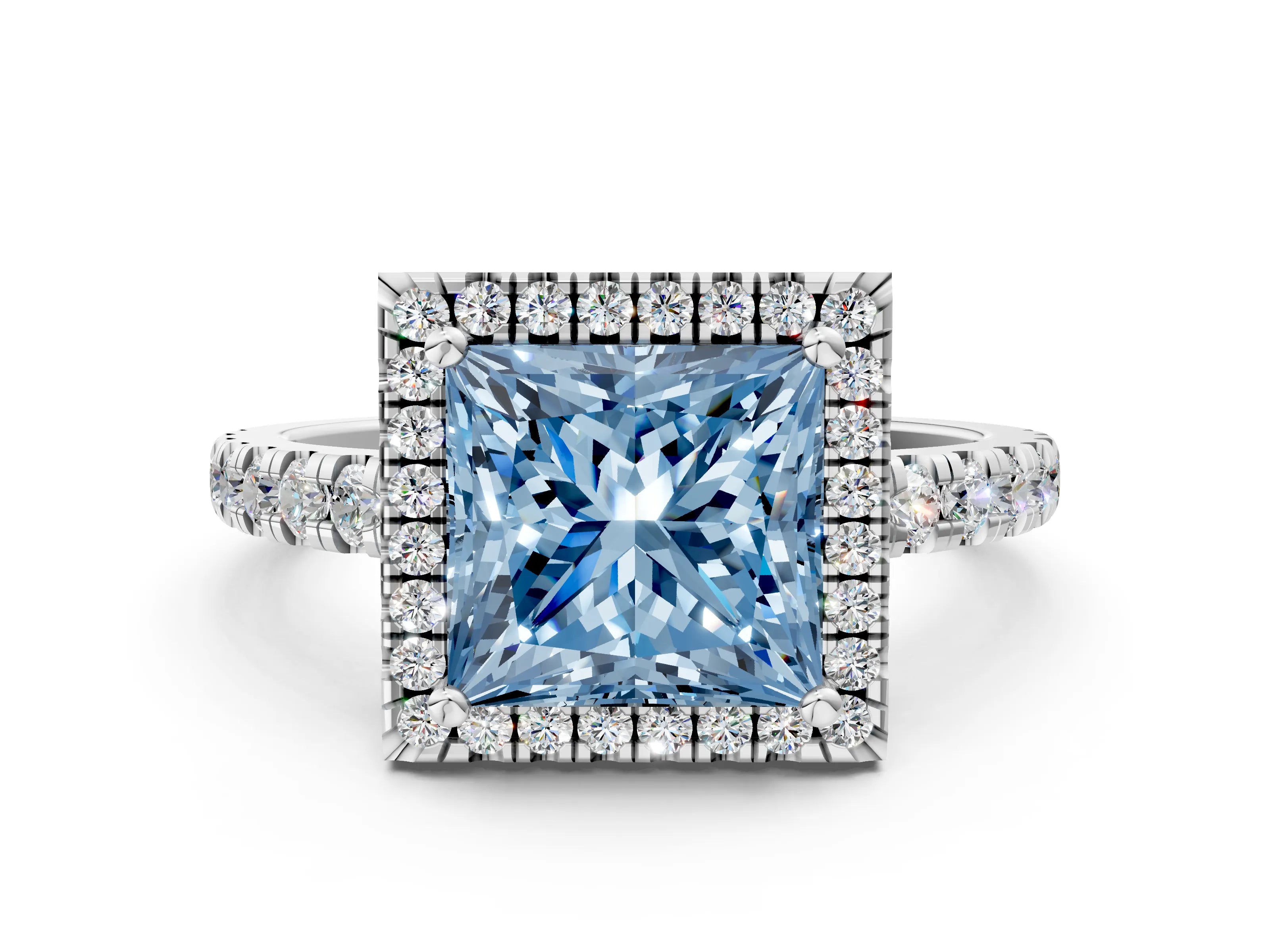 White gold Fancy Blue Princess Cut Diamond Halo Ring with Pavé Band and Four-Prong Setting_12