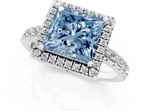 White gold Fancy Blue Princess Cut Diamond Halo Ring with Pavé Band and Four-Prong Setting_13