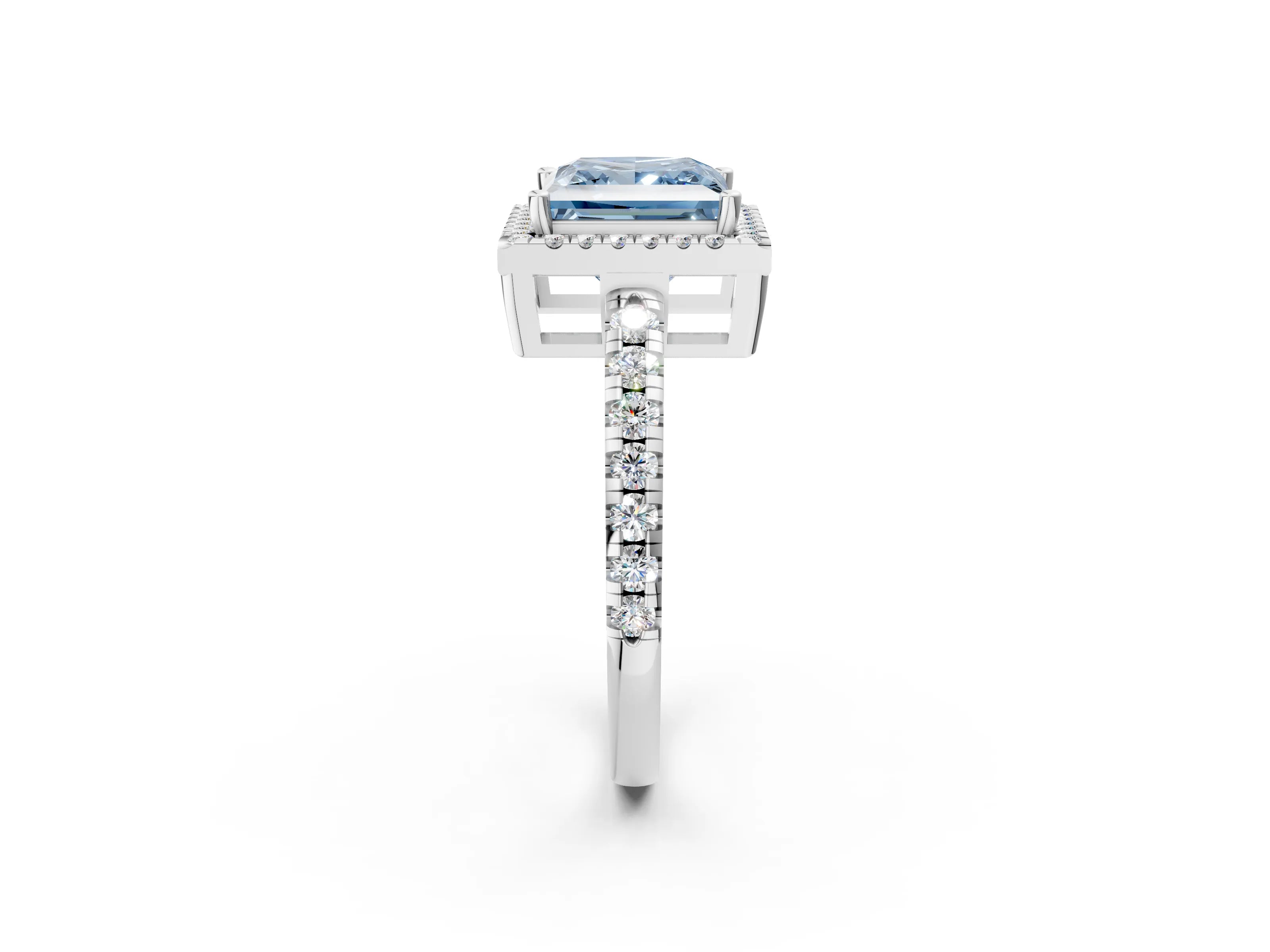 White gold Fancy Blue Princess Cut Diamond Halo Ring with Pavé Band and Four-Prong Setting_14