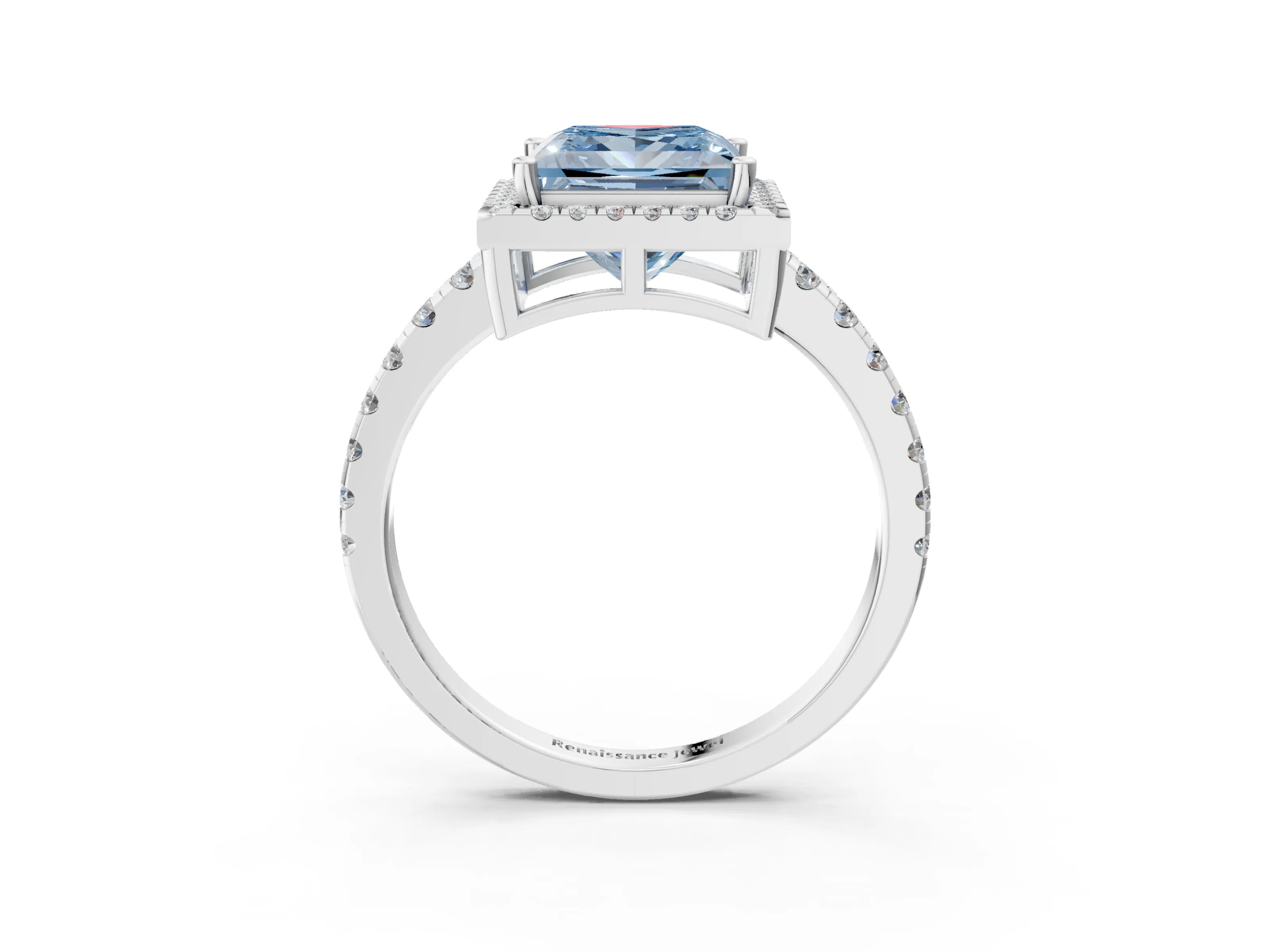 White gold Fancy Blue Princess Cut Diamond Halo Ring with Pavé Band and Four-Prong Setting_15