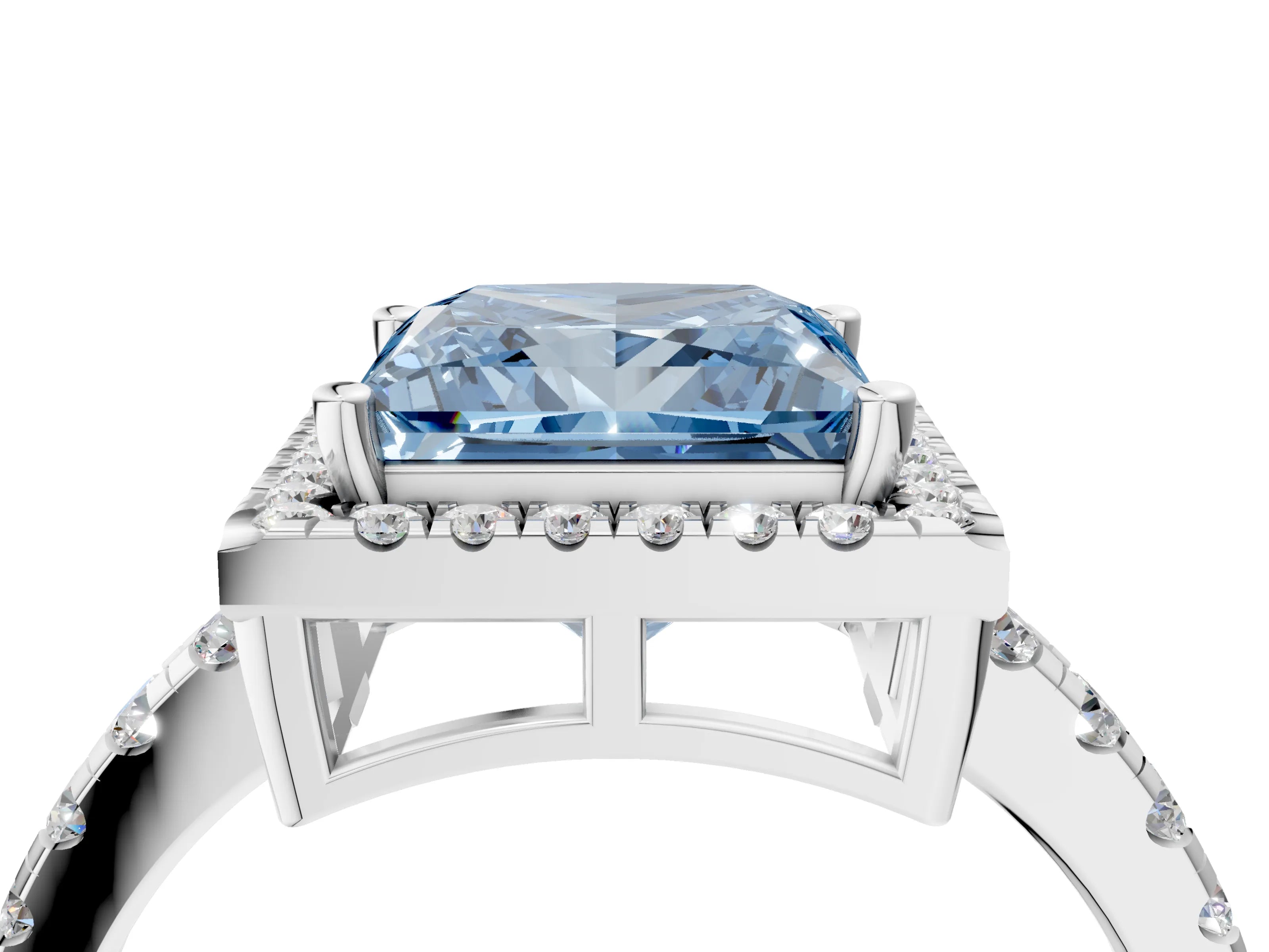 White gold Fancy Blue Princess Cut Diamond Halo Ring with Pavé Band and Four-Prong Setting_16