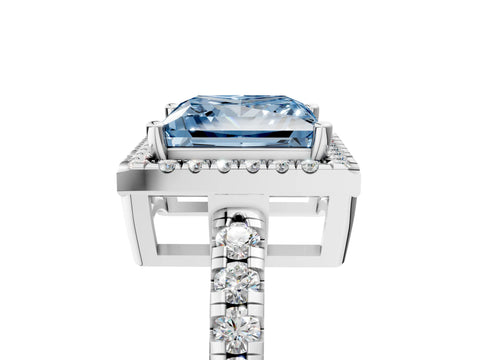 White gold Fancy Blue Princess Cut Diamond Halo Ring with Pavé Band and Four-Prong Setting_17