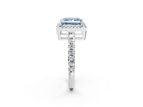 White gold Fancy Blue Princess Cut Diamond Halo Ring with Pavé Band and Four-Prong Setting_2