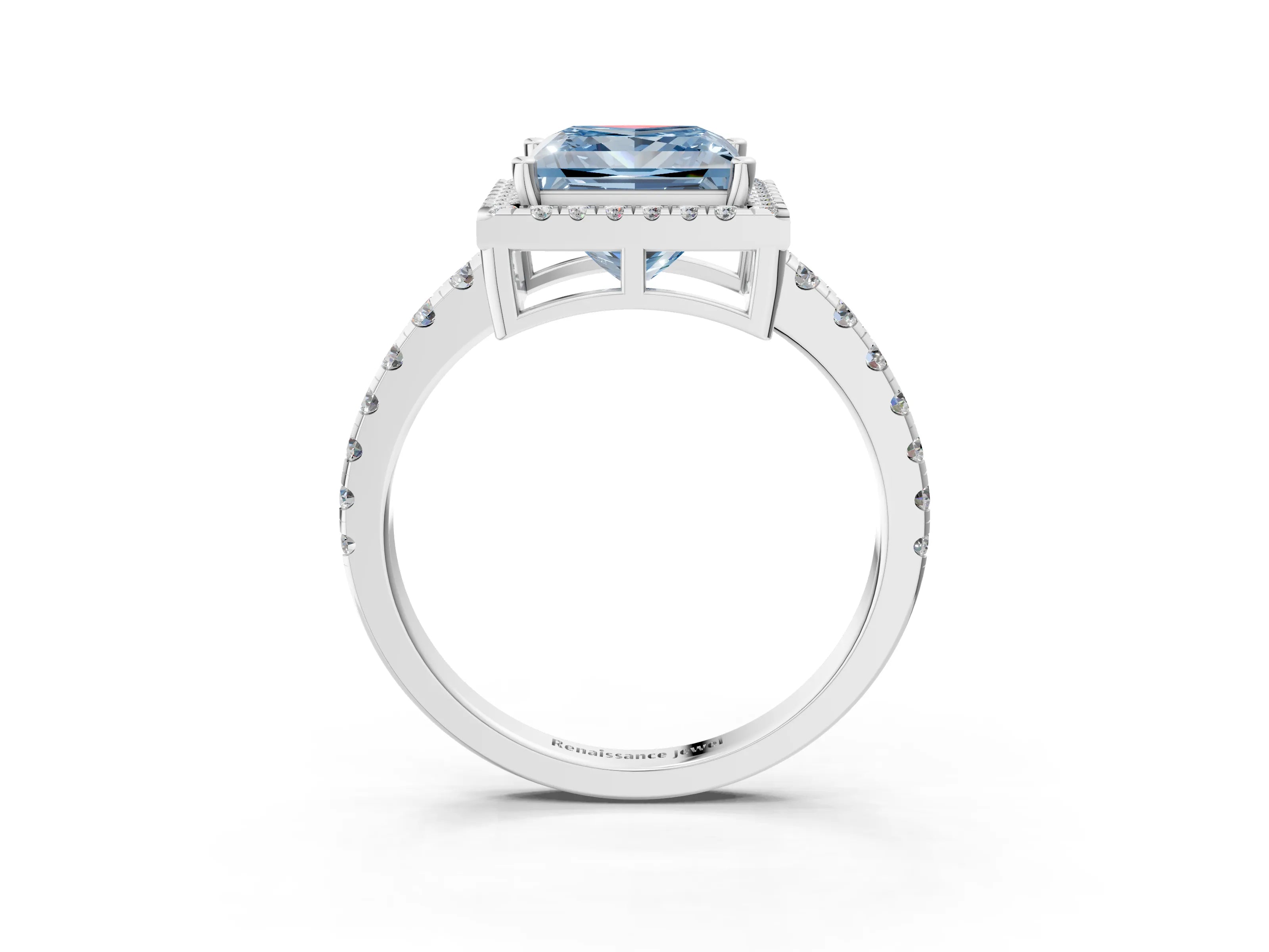White gold Fancy Blue Princess Cut Diamond Halo Ring with Pavé Band and Four-Prong Setting_3