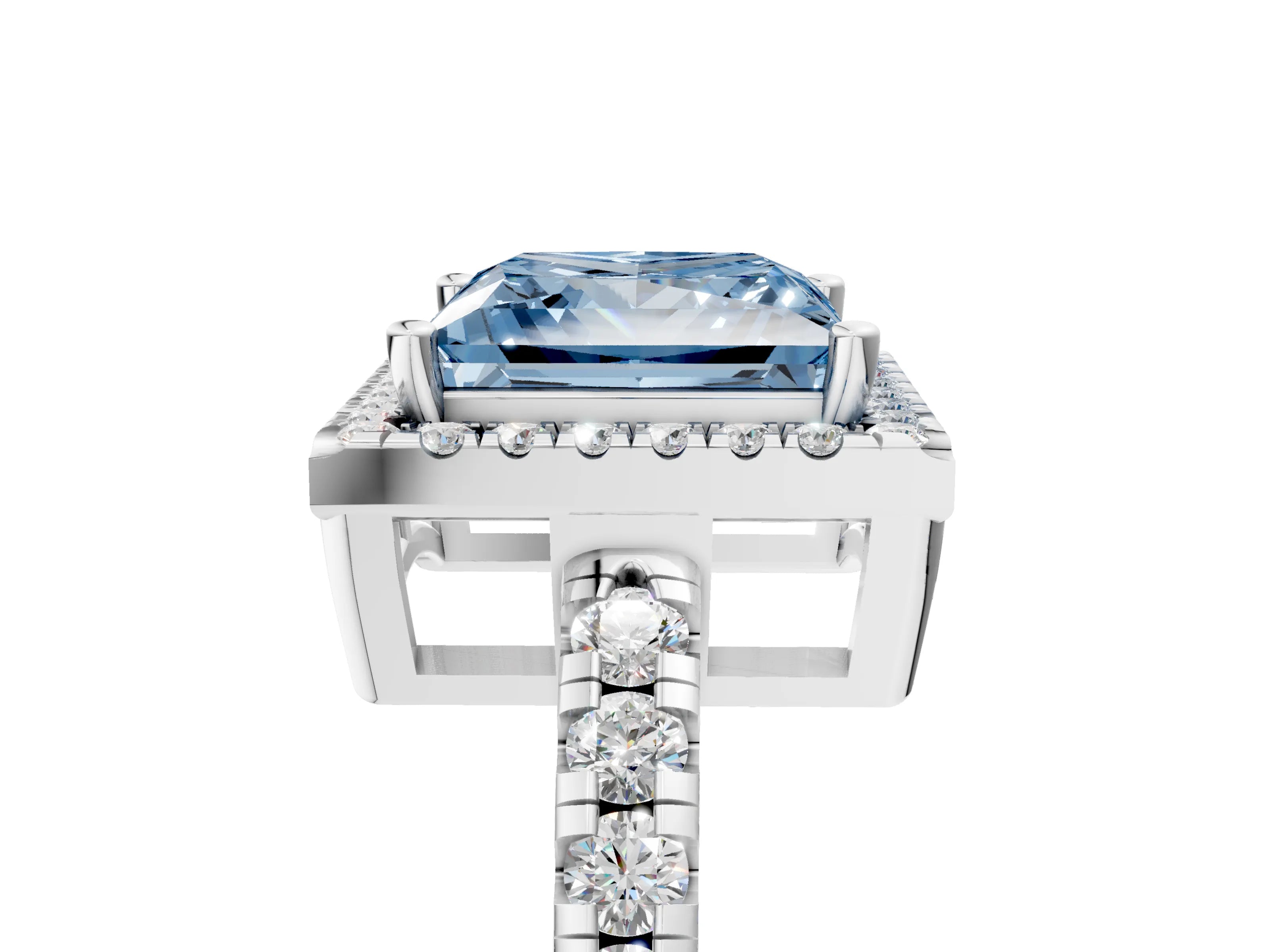 White gold Fancy Blue Princess Cut Diamond Halo Ring with Pavé Band and Four-Prong Setting_5