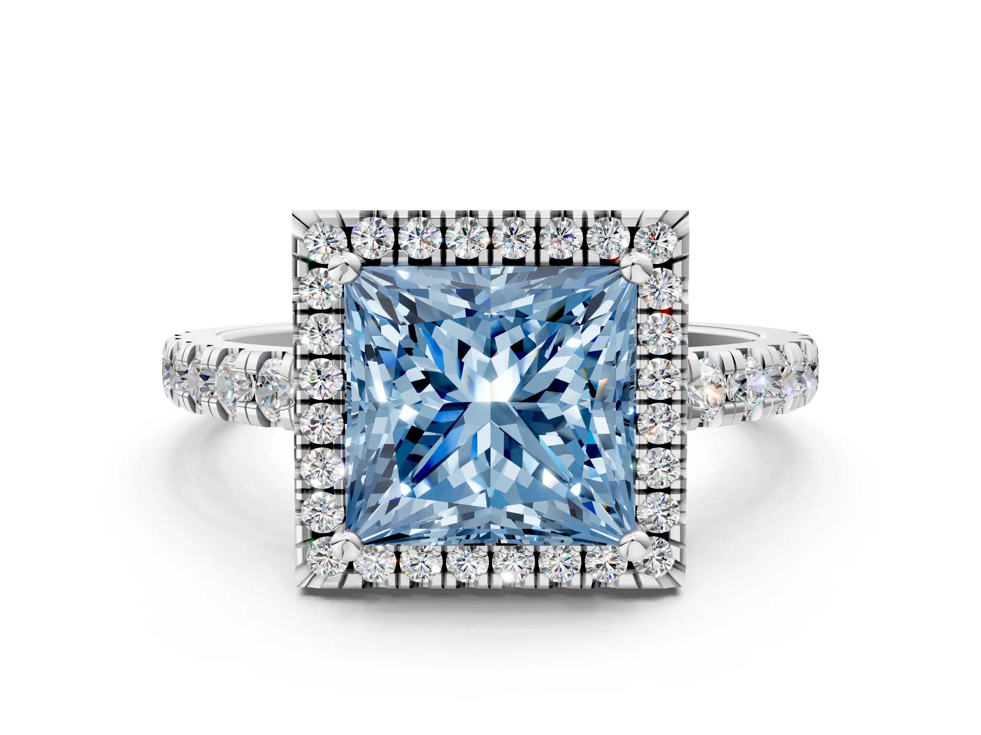 White gold Fancy Blue Princess Cut Diamond Halo Ring with Pavé Band and Four-Prong Setting