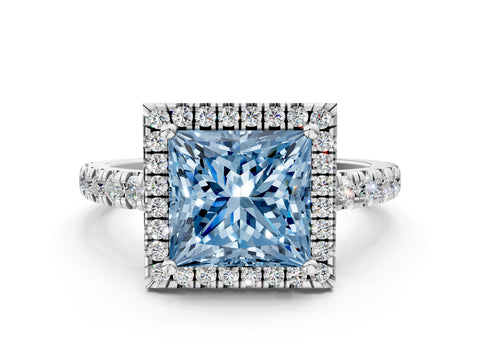 White gold Fancy Blue Princess Cut Diamond Halo Ring with Pavé Band and Four-Prong Setting