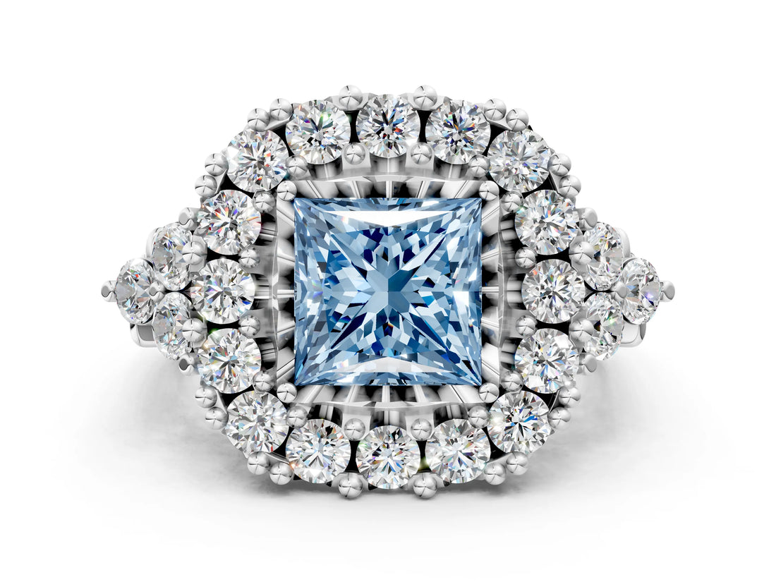 White gold Fancy Blue Princess Cut Diamond Halo Ring with Pavé Band and Four-Prong Setting_65