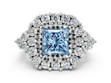 White gold Fancy Blue Princess Cut Diamond Halo Ring with Pavé Band and Four-Prong Setting_65