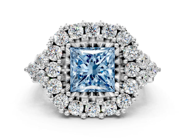 White gold Fancy Blue Princess Cut Diamond Halo Ring with Pavé Band and Four-Prong Setting