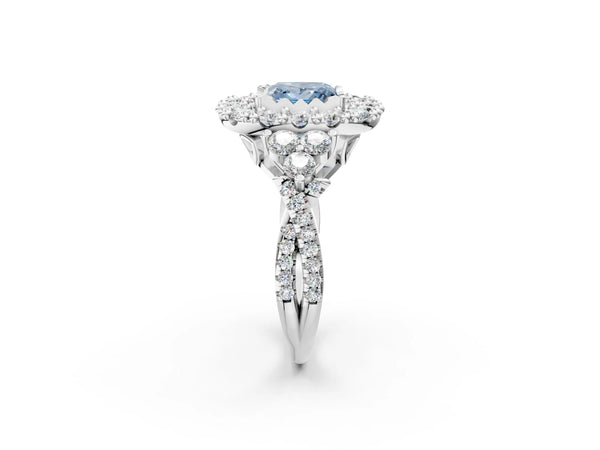 White gold Fancy Blue Princess Cut Diamond Halo Ring with Pavé Band and Four-Prong Setting