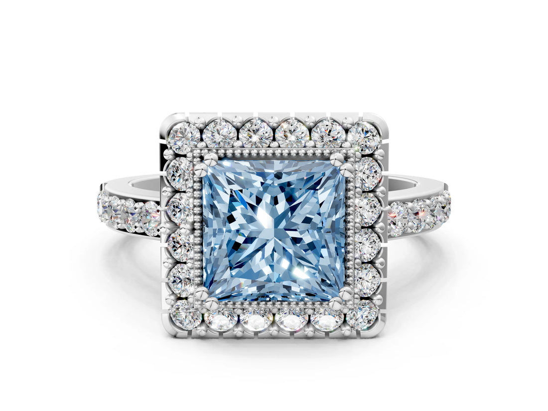 White gold Fancy Blue Princess Cut Diamond Halo Ring with Pavé Band and Prong Setting_12
