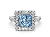 White gold Fancy Blue Princess Cut Diamond Halo Ring with Pavé Band and Prong Setting_12
