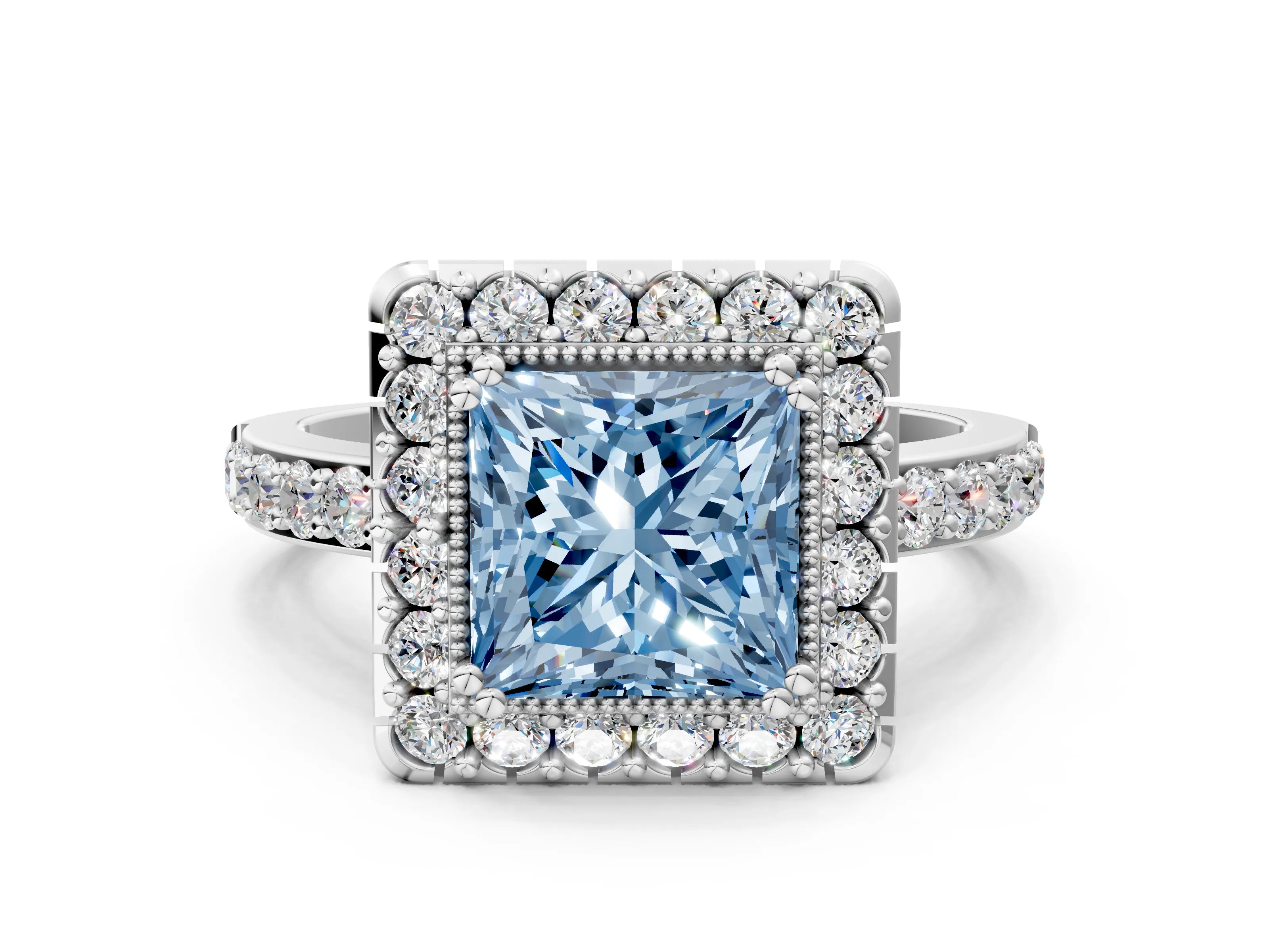 White gold Fancy Blue Princess Cut Diamond Halo Ring with Pavé Band and Prong Setting_12