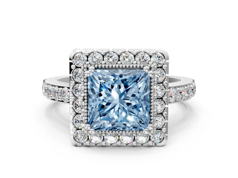 White gold Fancy Blue Princess Cut Diamond Halo Ring with Pavé Band and Prong Setting_12