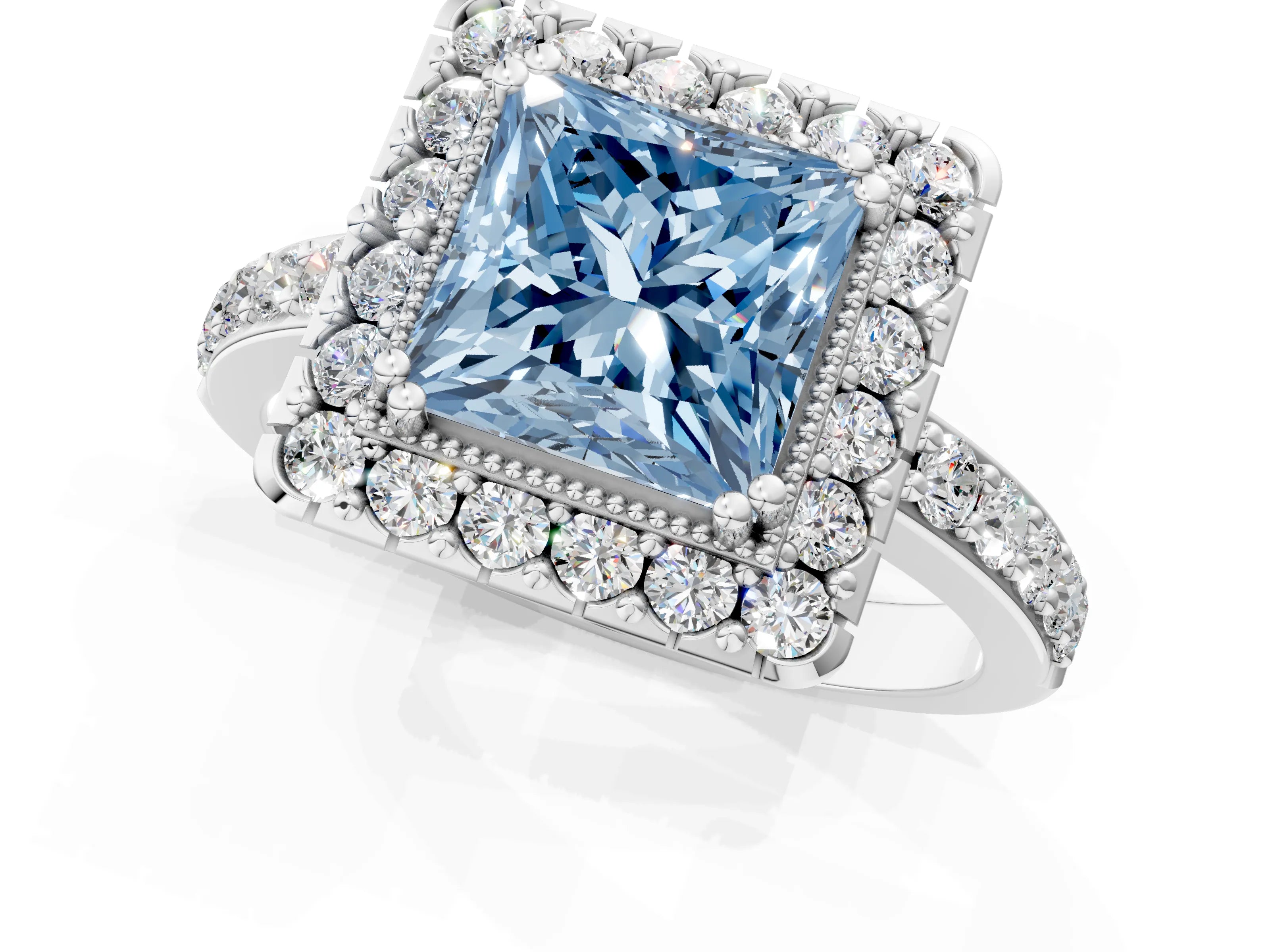 White gold Fancy Blue Princess Cut Diamond Halo Ring with Pavé Band and Prong Setting_13