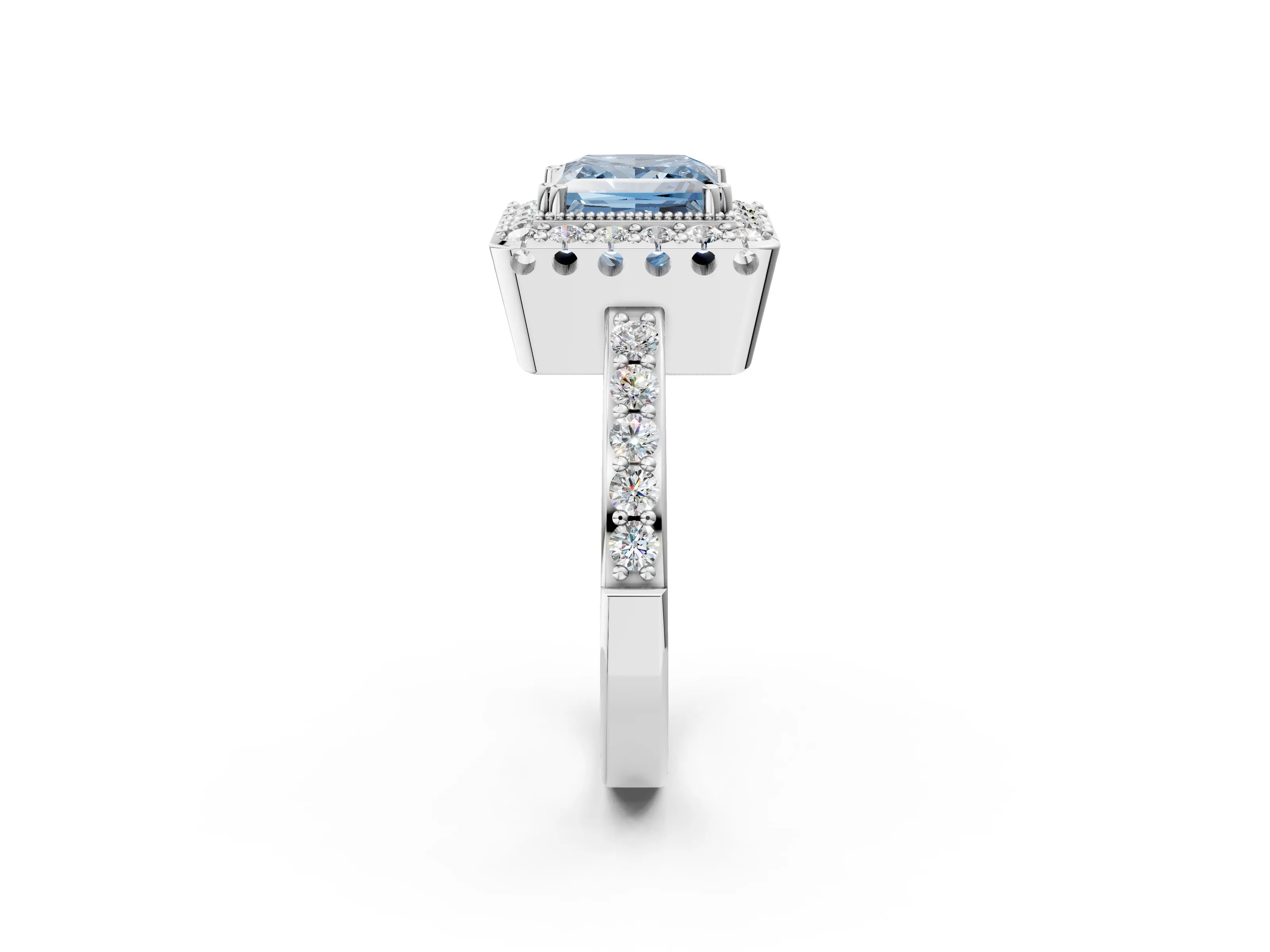 White gold Fancy Blue Princess Cut Diamond Halo Ring with Pavé Band and Prong Setting_14