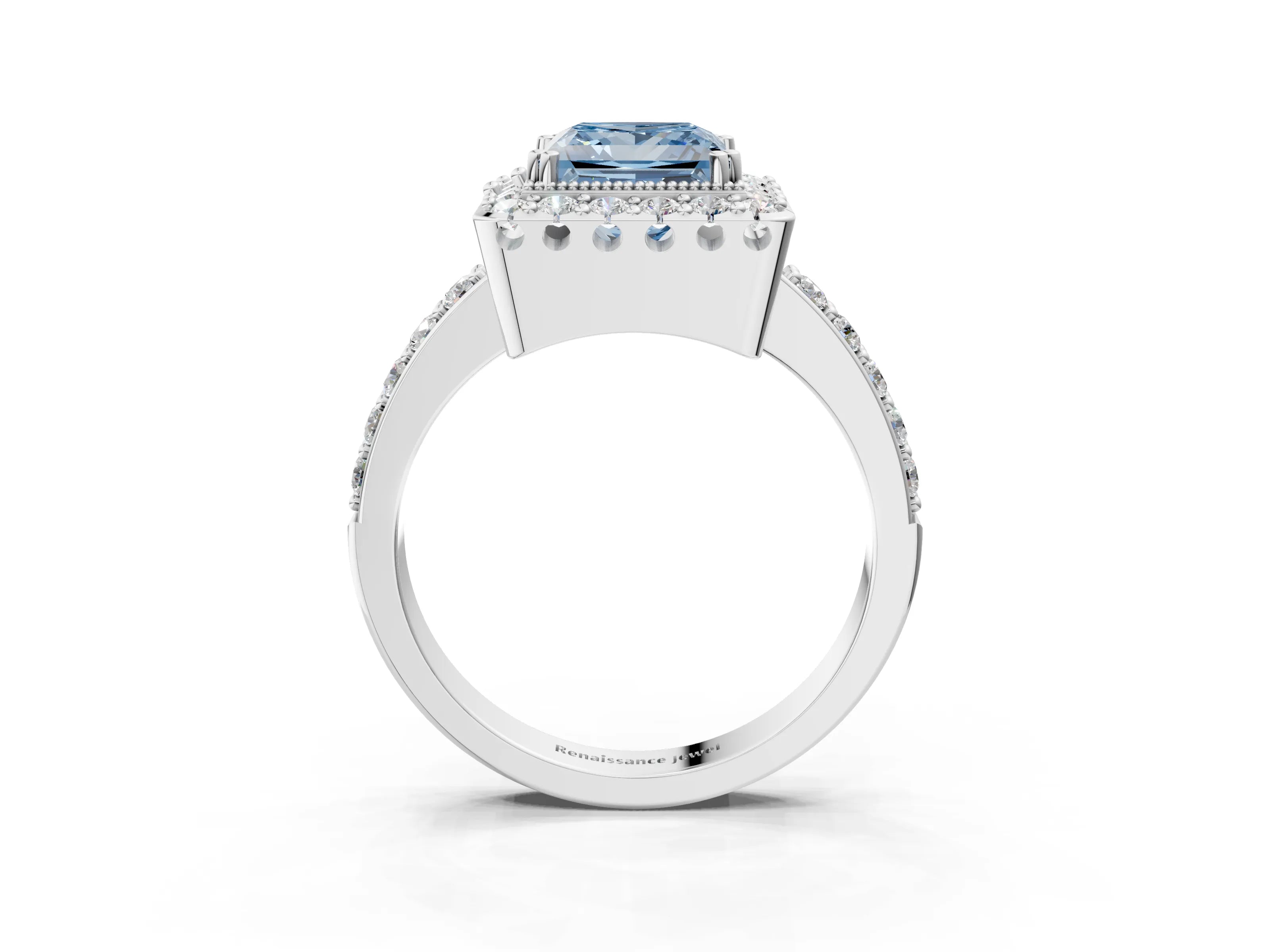 White gold Fancy Blue Princess Cut Diamond Halo Ring with Pavé Band and Prong Setting_15