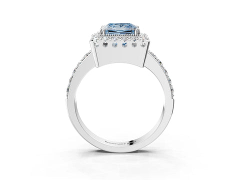 White gold Fancy Blue Princess Cut Diamond Halo Ring with Pavé Band and Prong Setting_15