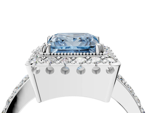 White gold Fancy Blue Princess Cut Diamond Halo Ring with Pavé Band and Prong Setting_16