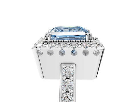 White gold Fancy Blue Princess Cut Diamond Halo Ring with Pavé Band and Prong Setting_17