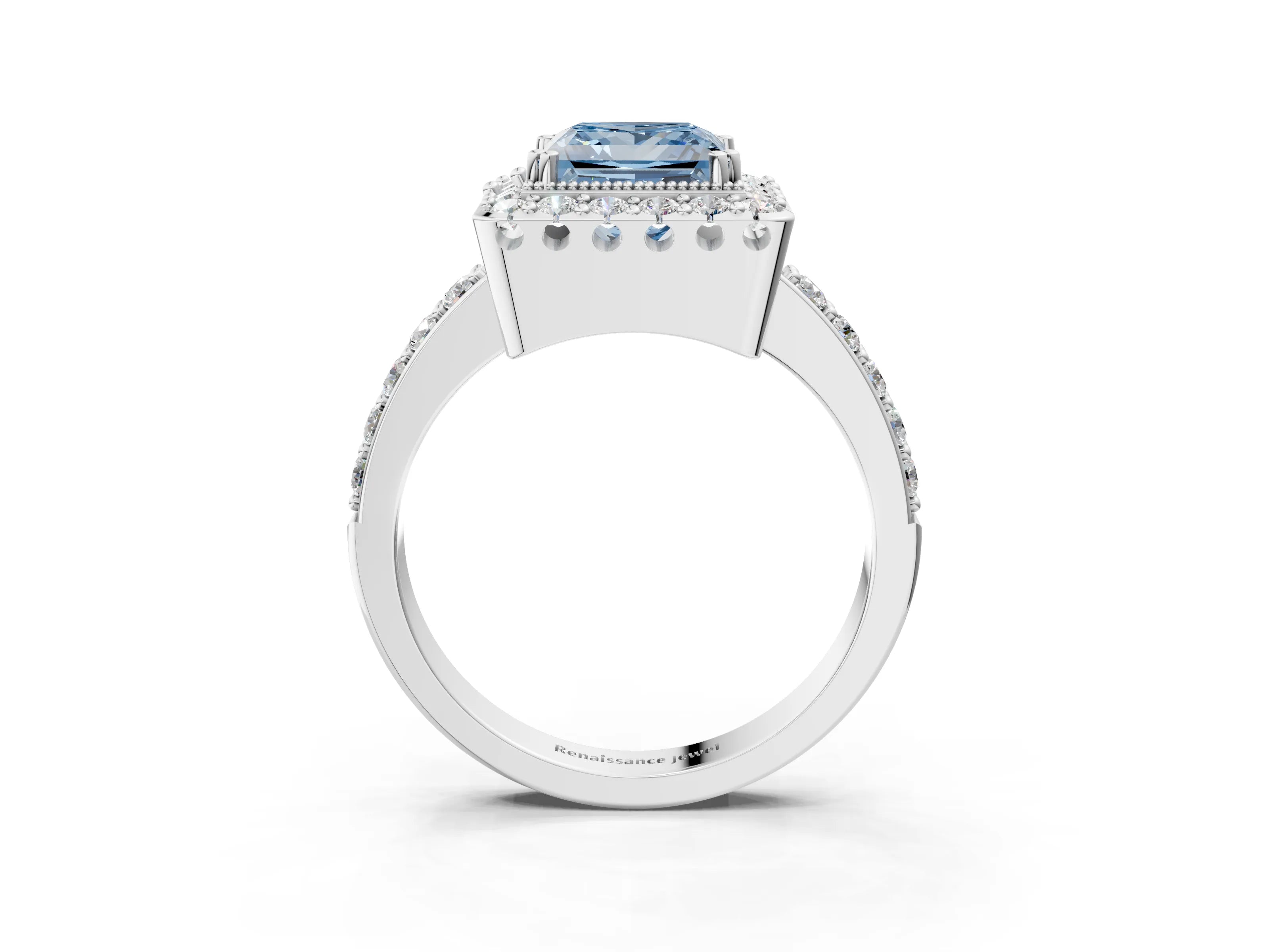 White gold Fancy Blue Princess Cut Diamond Halo Ring with Pavé Band and Prong Setting_3