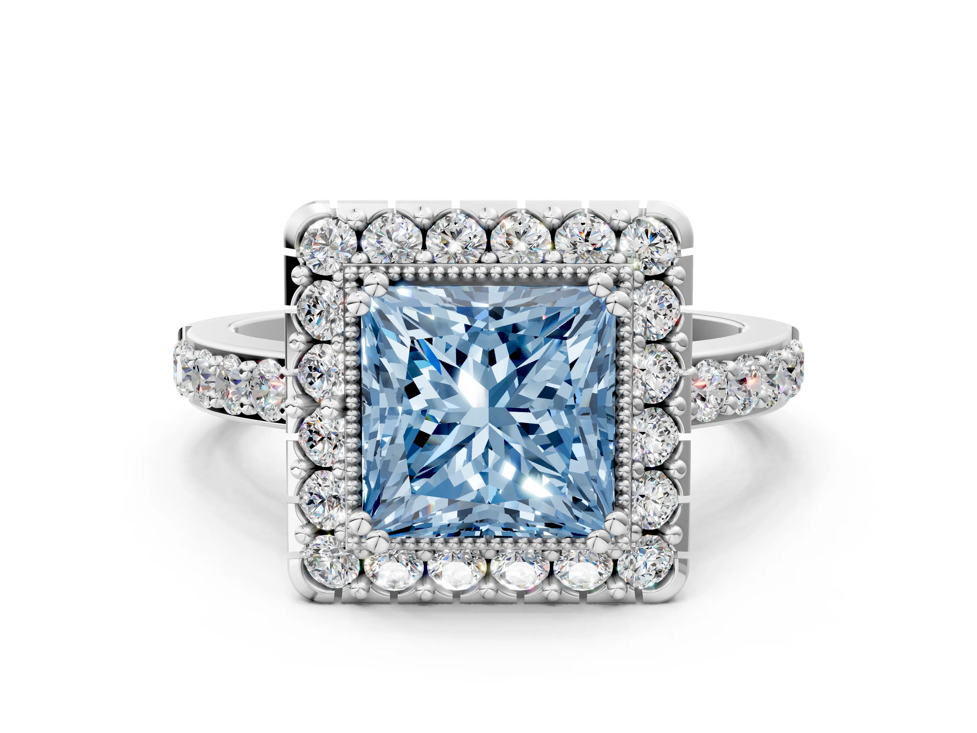 White gold Fancy Blue Princess Cut Diamond Halo Ring with Pavé Band and Prong Setting