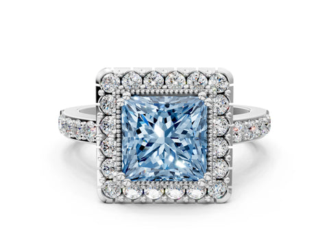 White gold Fancy Blue Princess Cut Diamond Halo Ring with Pavé Band and Prong Setting