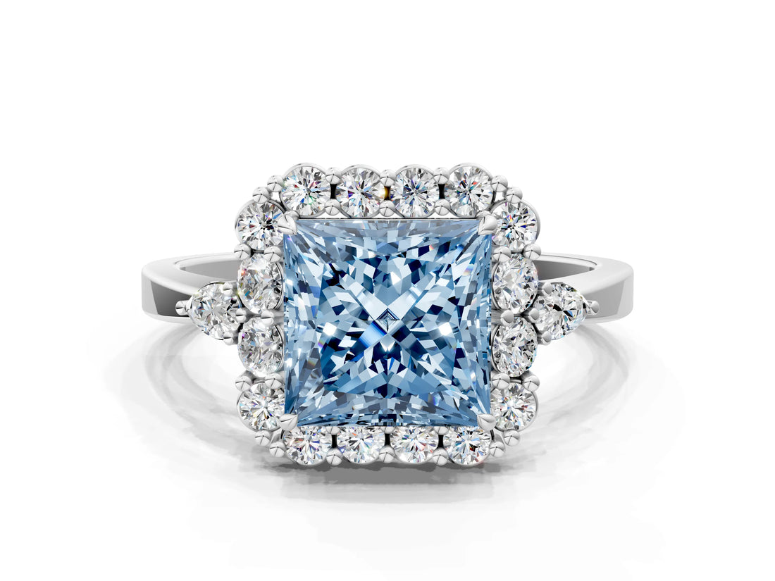 White gold Fancy Blue Princess Cut Diamond Halo Ring with Pear Side Stones and Prong Setting_75