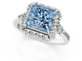 White gold Fancy Blue Princess Cut Diamond Halo Ring with Pear Side Stones and Prong Setting_76