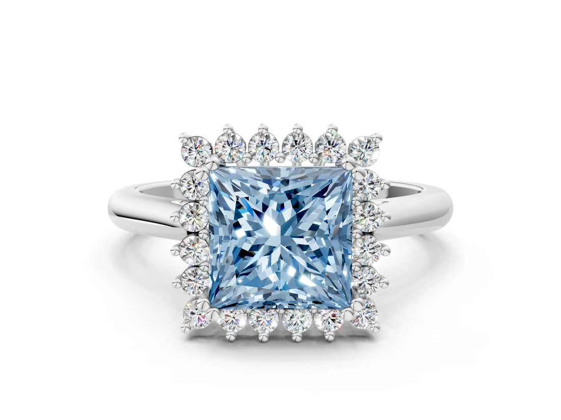 White gold Fancy Blue Princess  Cut Diamond Halo Ring with Solitaire Band and Prong Setting_52