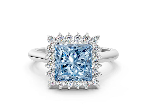 White gold Fancy Blue Princess  Cut Diamond Halo Ring with Solitaire Band and Prong Setting