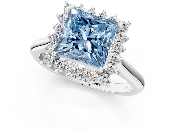 White gold Fancy Blue Princess  Cut Diamond Halo Ring with Solitaire Band and Prong Setting
