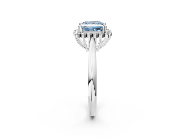White gold Fancy Blue Princess  Cut Diamond Halo Ring with Solitaire Band and Prong Setting