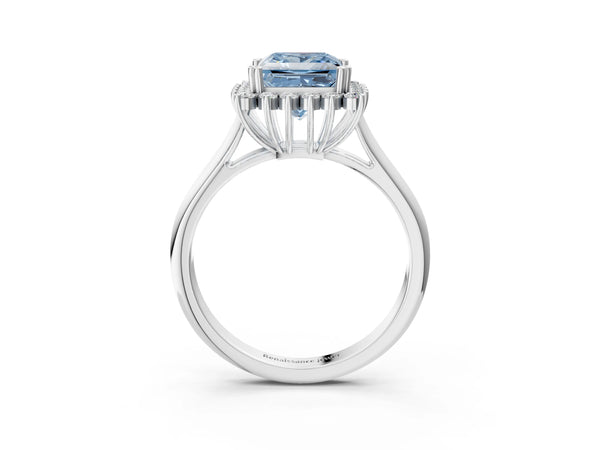 White gold Fancy Blue Princess  Cut Diamond Halo Ring with Solitaire Band and Prong Setting