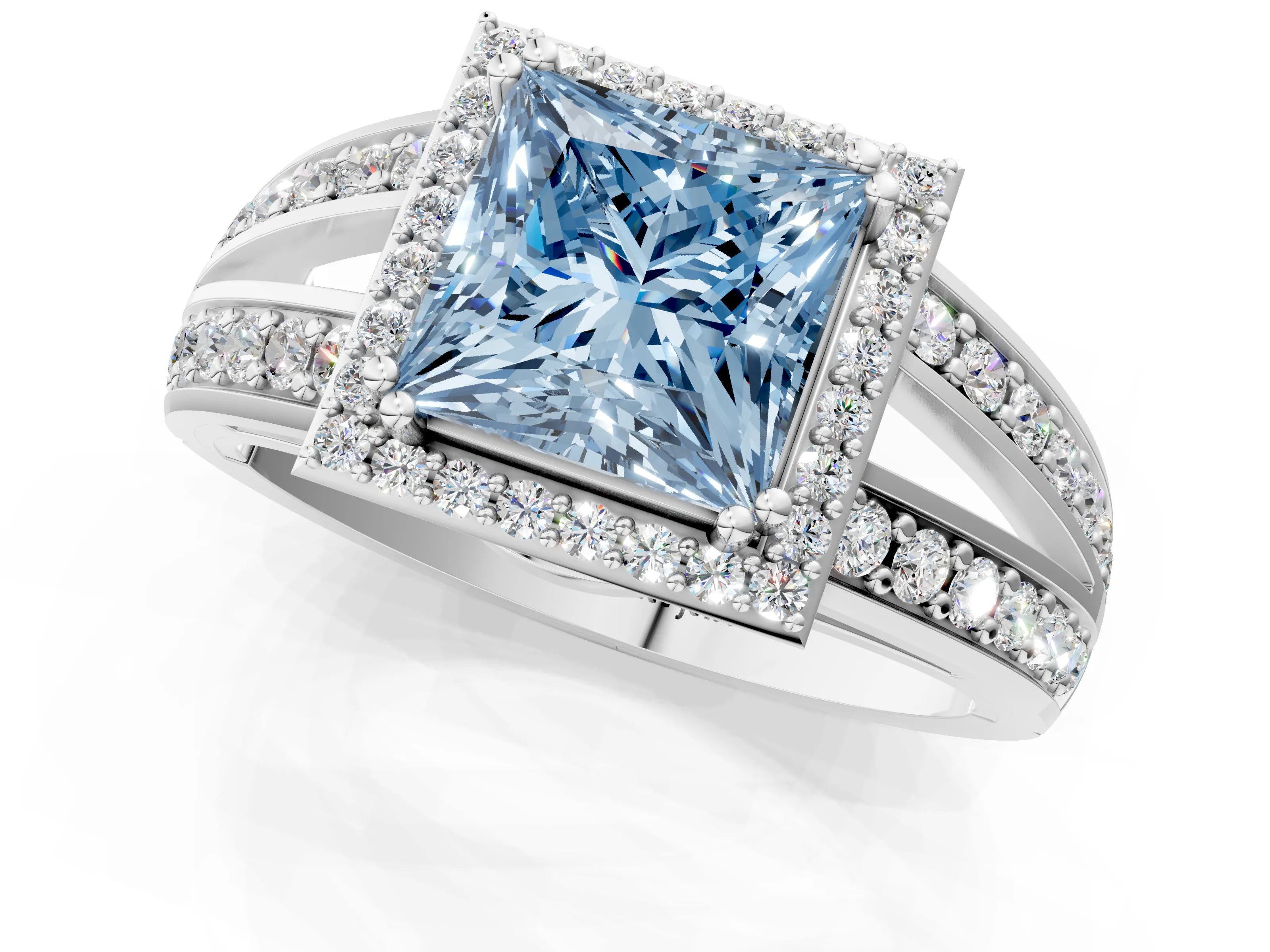 White gold Fancy Blue Princess Cut Diamond Halo Ring with Split Shank Pavé Band and Four-Prong Setting_13