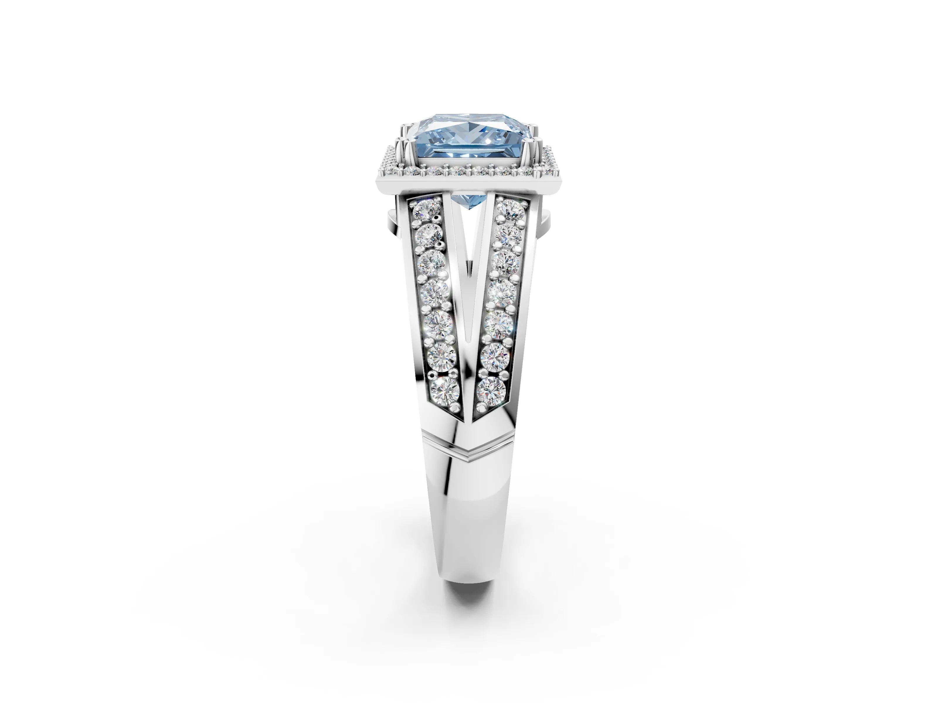 White gold Fancy Blue Princess Cut Diamond Halo Ring with Split Shank Pavé Band and Four-Prong Setting_14
