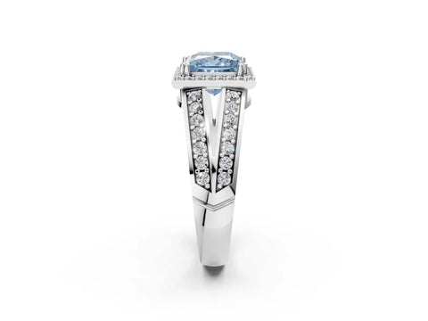 White gold Fancy Blue Princess Cut Diamond Halo Ring with Split Shank Pavé Band and Four-Prong Setting_14