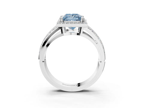 White gold Fancy Blue Princess Cut Diamond Halo Ring with Split Shank Pavé Band and Four-Prong Setting_15