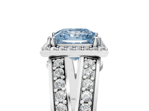 White gold Fancy Blue Princess Cut Diamond Halo Ring with Split Shank Pavé Band and Four-Prong Setting_17