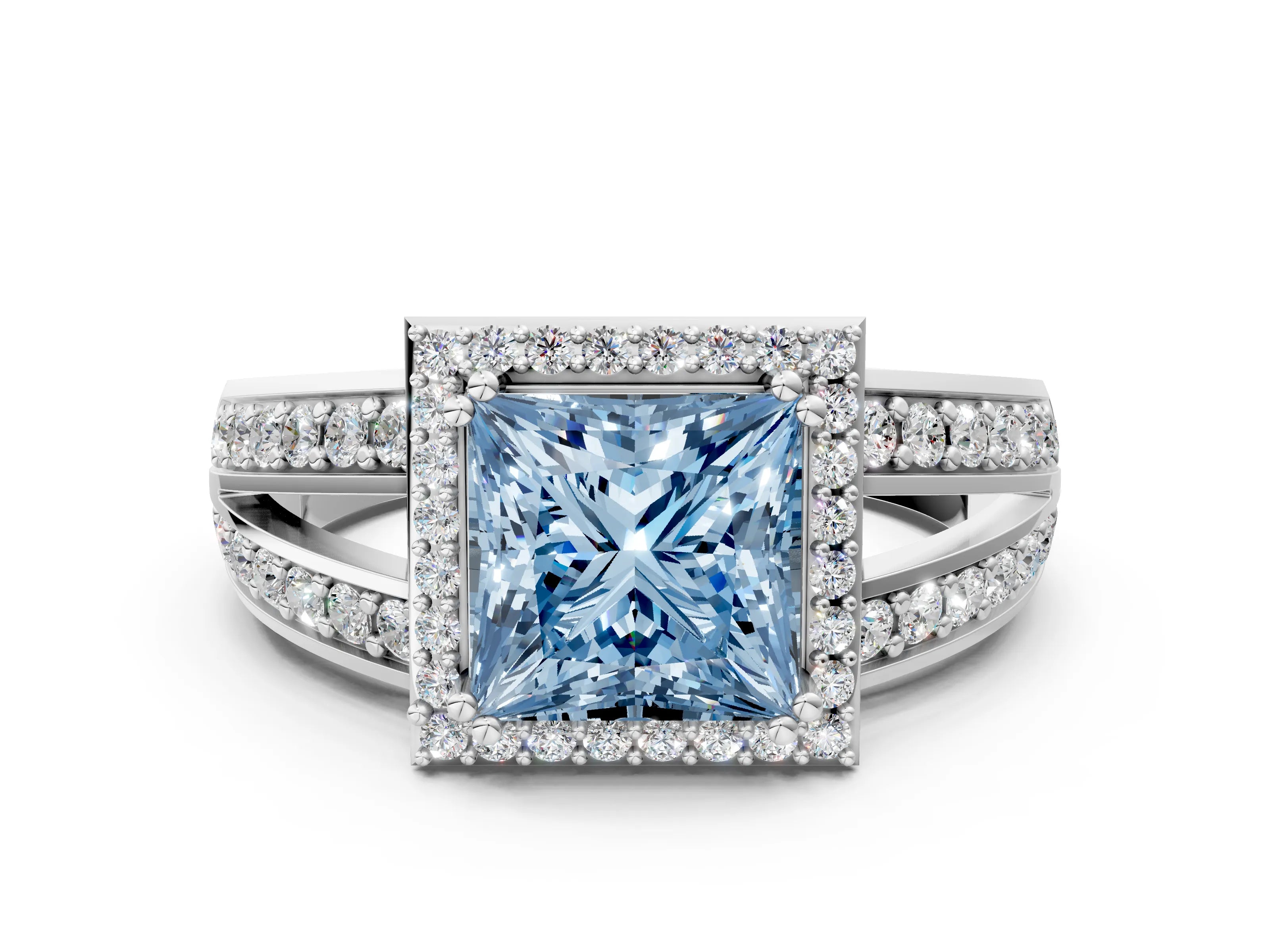 White gold Fancy Blue Princess Cut Diamond Halo Ring with Split Shank Pavé Band and Four-Prong Setting_20