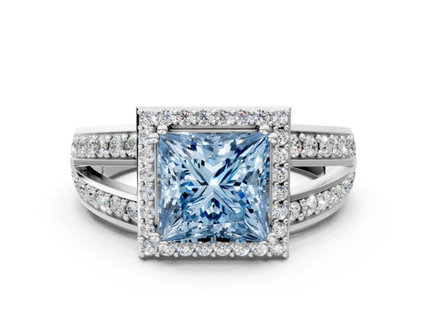 White gold Fancy Blue Princess Cut Diamond Halo Ring with Split Shank Pavé Band and Four-Prong Setting_20
