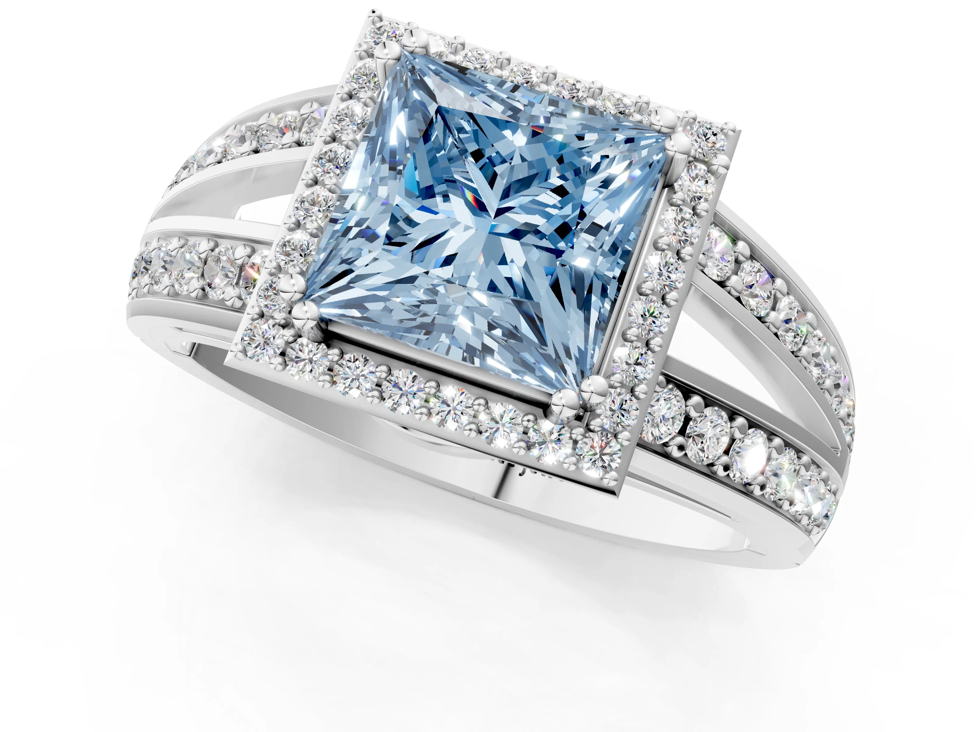 White gold Fancy Blue Princess Cut Diamond Halo Ring with Split Shank Pavé Band and Four-Prong Setting_21