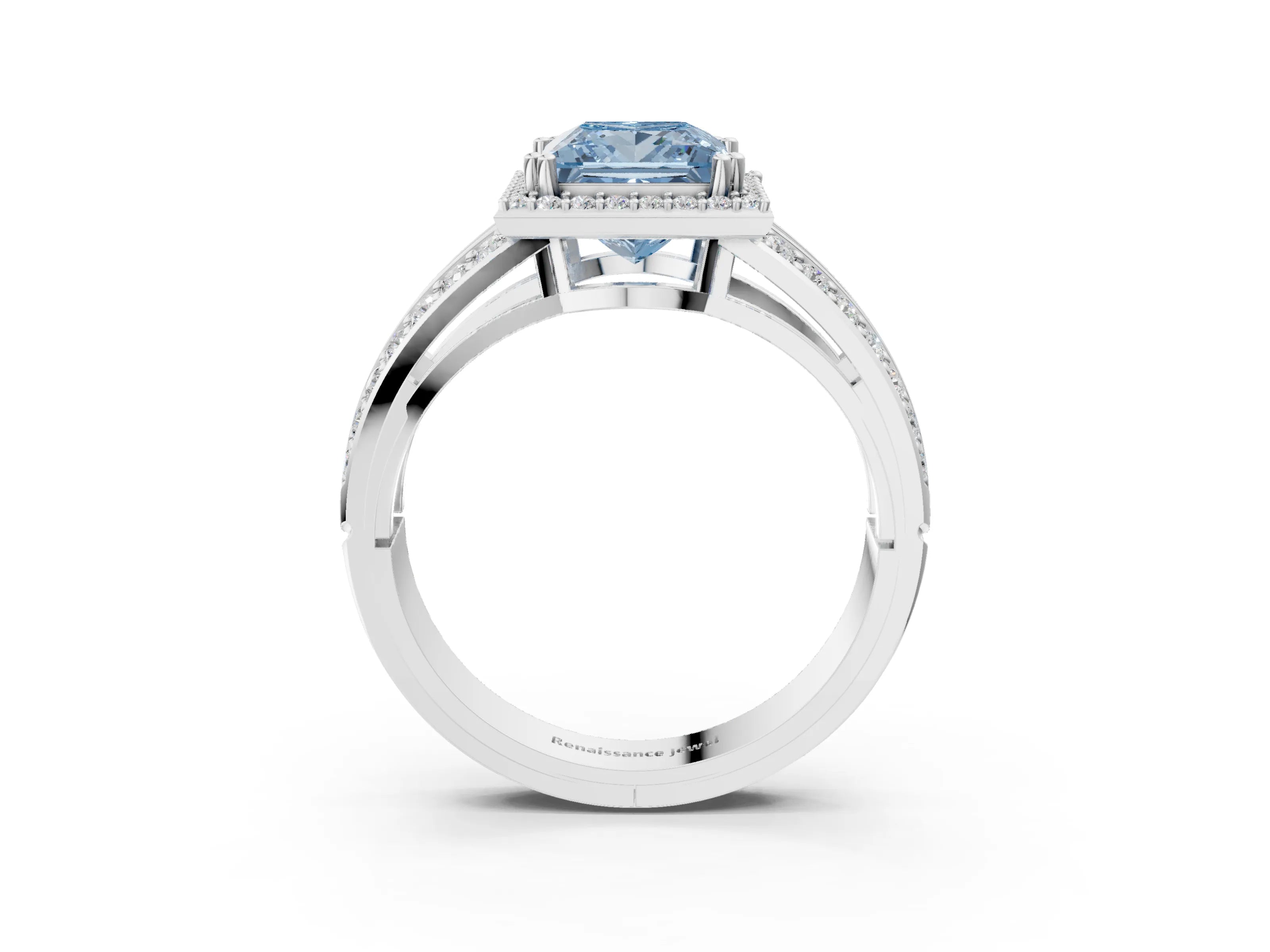 White gold Fancy Blue Princess Cut Diamond Halo Ring with Split Shank Pavé Band and Four-Prong Setting_23