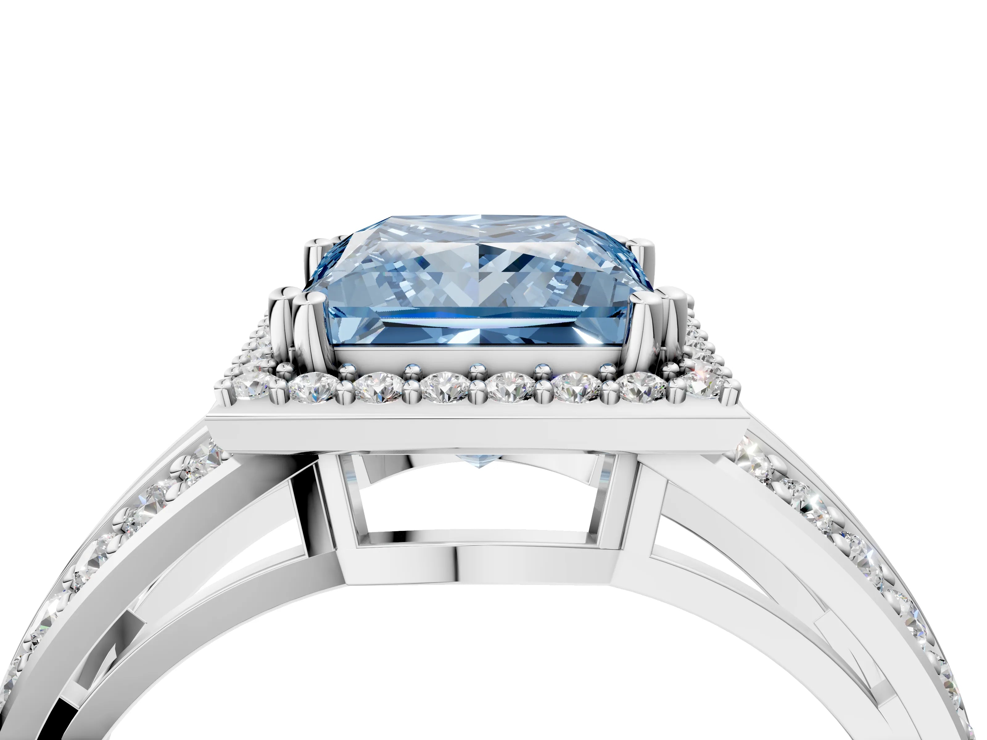 White gold Fancy Blue Princess Cut Diamond Halo Ring with Split Shank Pavé Band and Four-Prong Setting_24