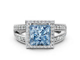 White gold Fancy Blue Princess Cut Diamond Halo Ring with Split Shank Pavé Band and Four-Prong Setting_30