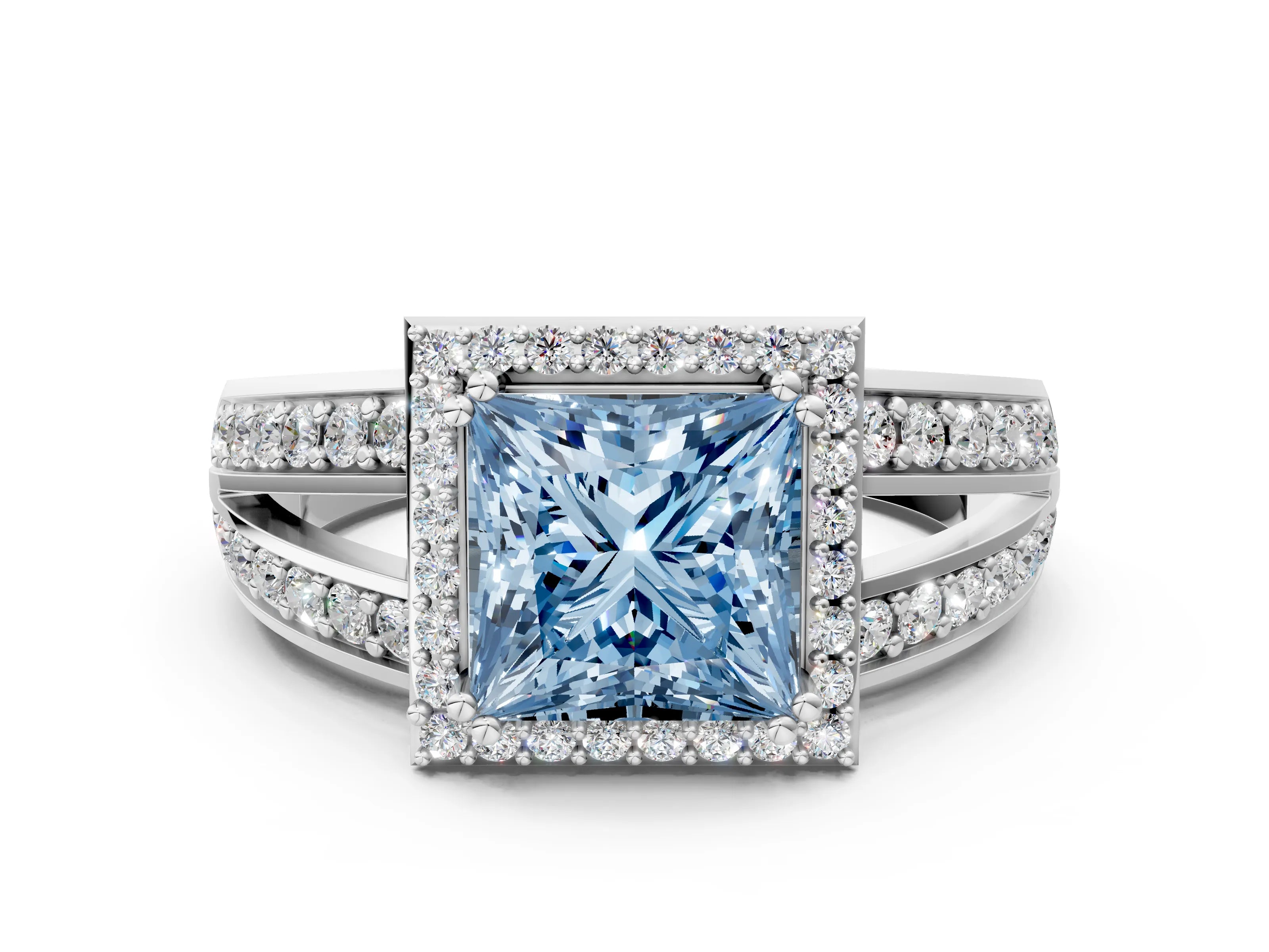 White gold Fancy Blue Princess Cut Diamond Halo Ring with Split Shank Pavé Band and Four-Prong Setting_30